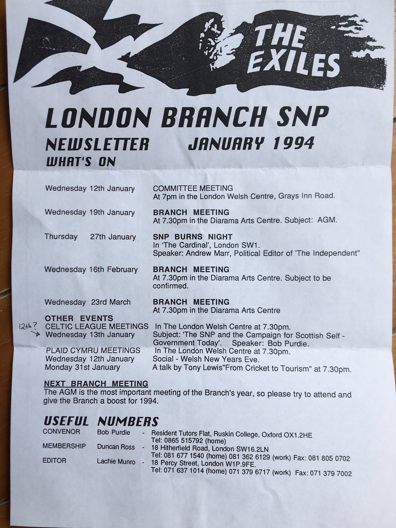 Front page of The Exiles newsletter from January 1994
