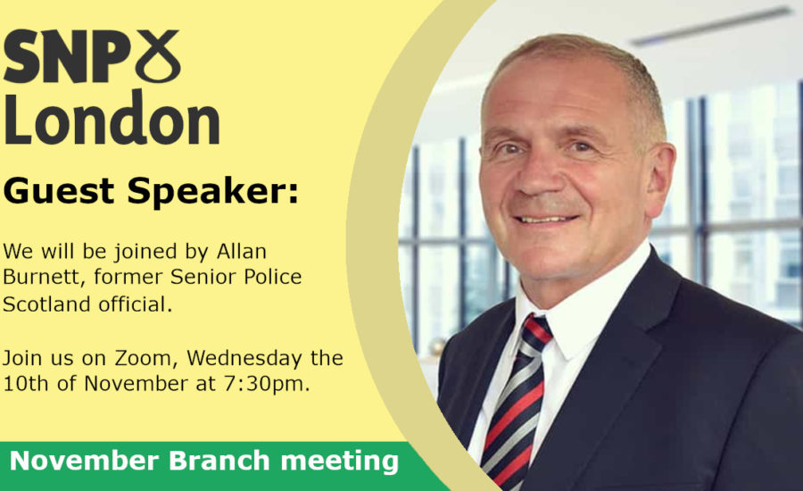 A photo of Allan Burnett, Senior Operation Director of Securigroup next to some event text on a London SNP event flyer. Advertising an event in November.