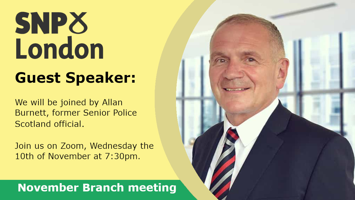 A photo of Allan Burnett, Senior Operation Director of Securigroup next to some event text on a London SNP event flyer. Advertising an event in November.