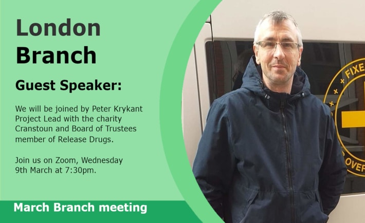 A flyer advertising a talk given by Peter Krykant to London Branch SNP on 9 March 2022.