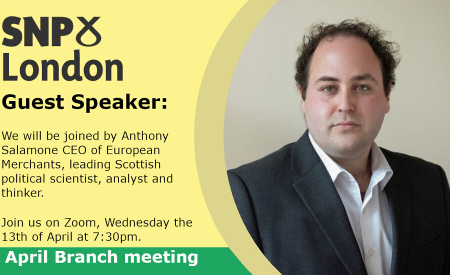 A flyer describing the talk by Anthony Salamone of European Merchants to the Branch in April 2022