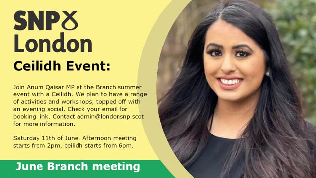 A flyer for a Branch ceilidh featuring a portrait shot of Anum Qaisar MP